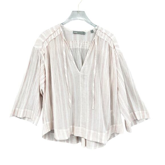 Vince Variegated Stripe Crinkle Breathable Cotton Tassel V-neck Wide Sleeve Top - Picture 8 of 13